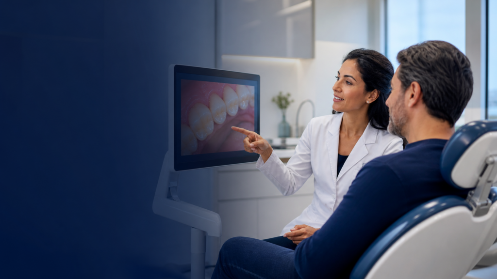 Dentista explicando imagem odontológica a paciente durante consulta