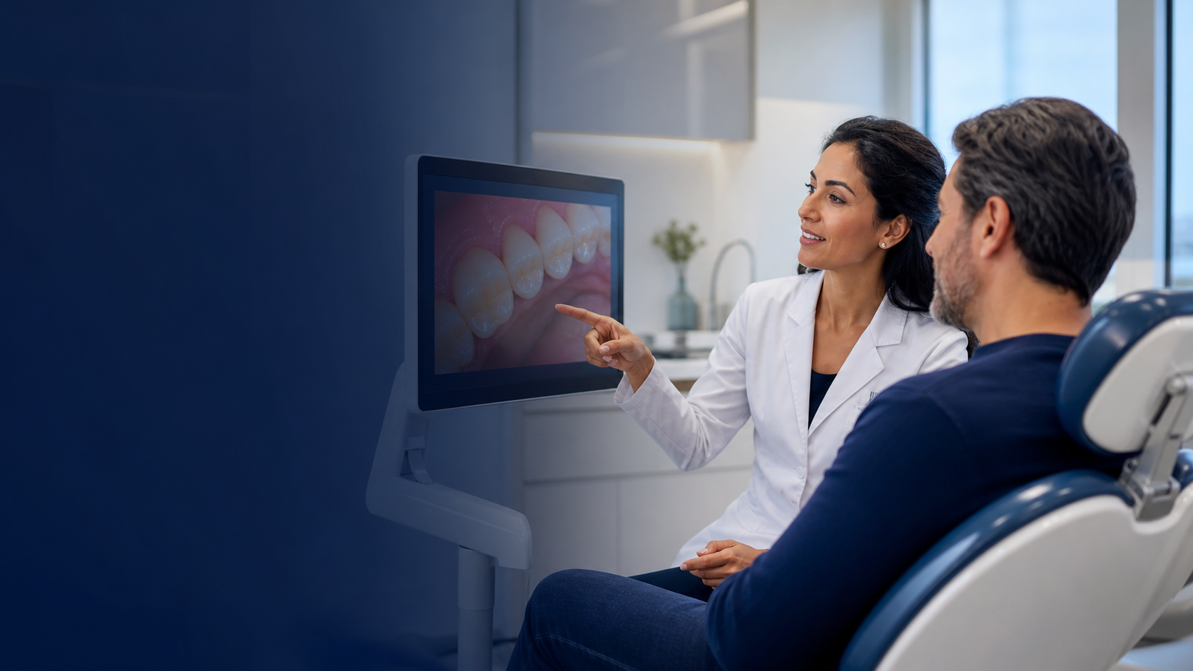 Dentista explicando imagem odontológica a paciente durante consulta