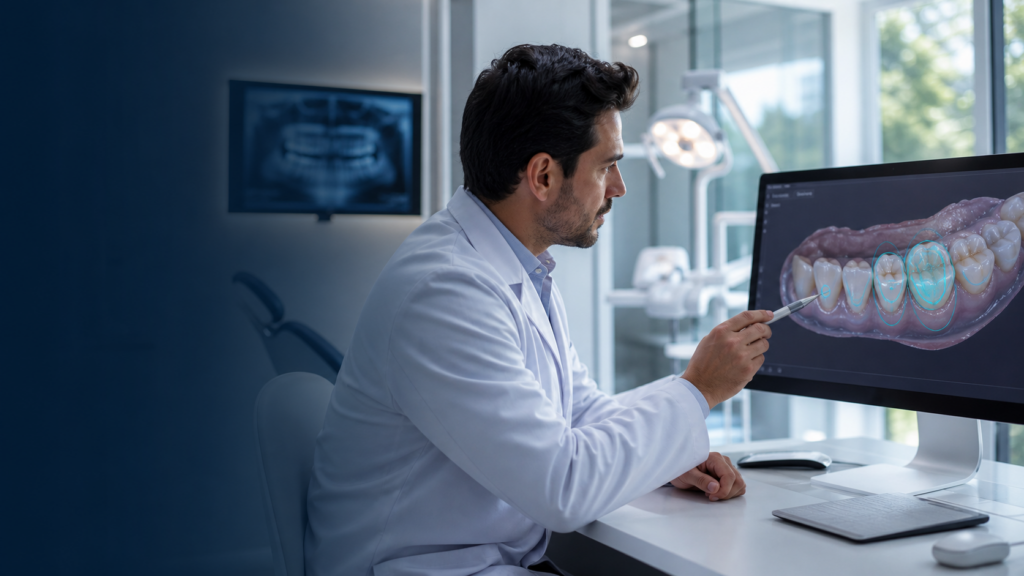 Dentista analisando imagem odontológica com inteligência artificial para apoiar o diagnóstico